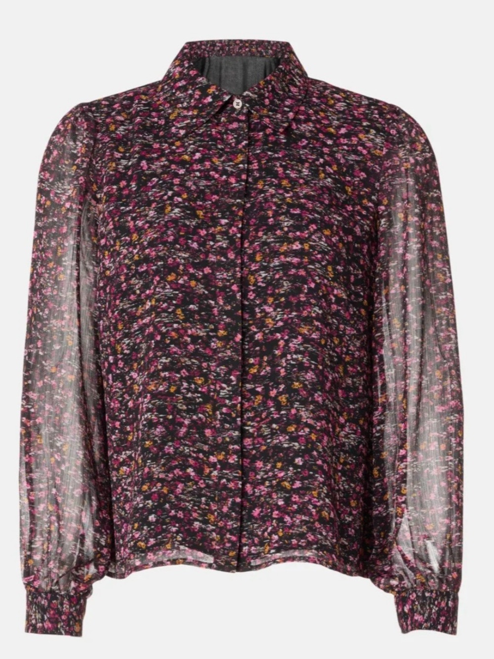 CeCe Floral Print, Sheer Sleeve, Button-Up Blouse - Size L